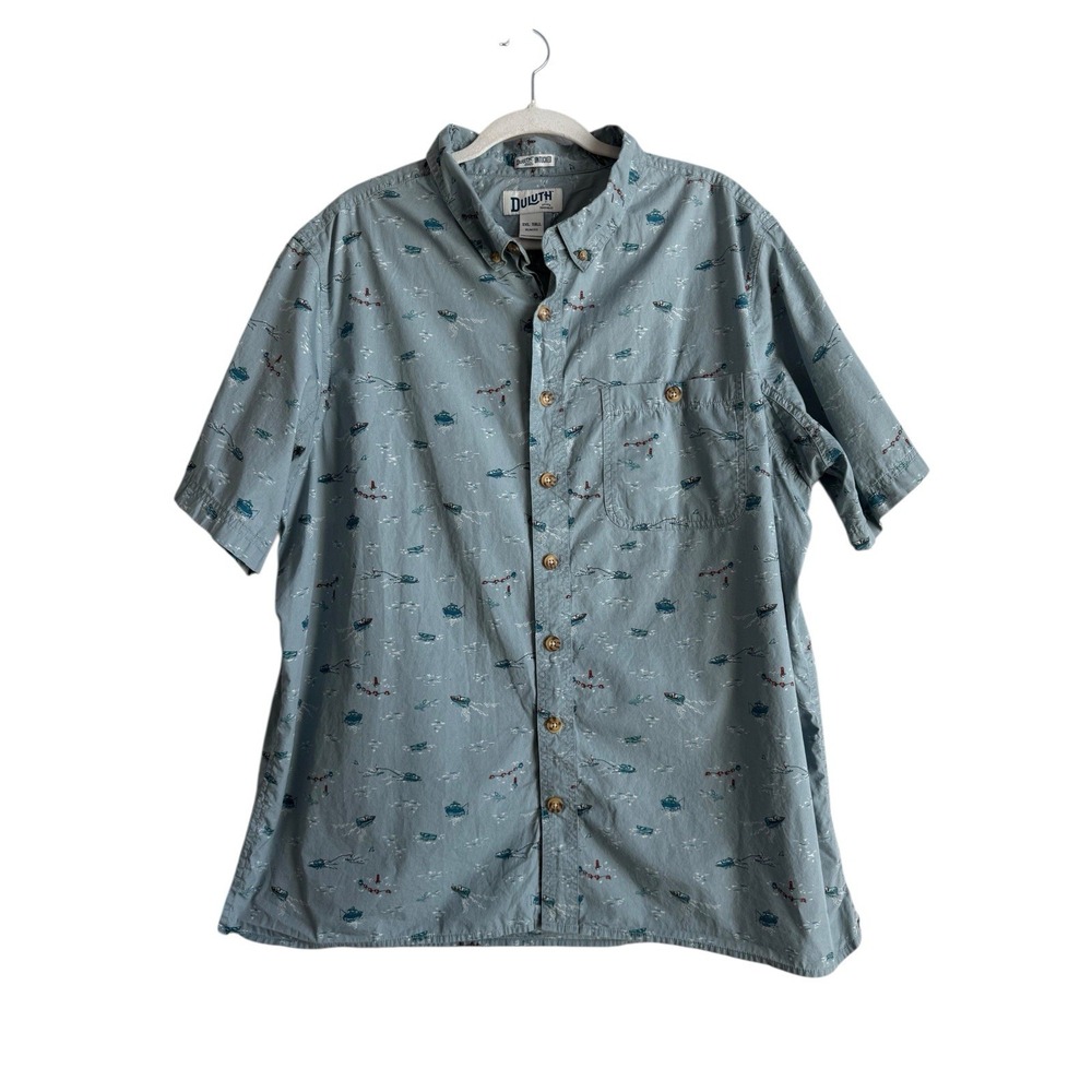 Duluth‎ Trading Untucked Mens 2XLT Tall Short Sleeve Button Shirt Blue Fish Boat